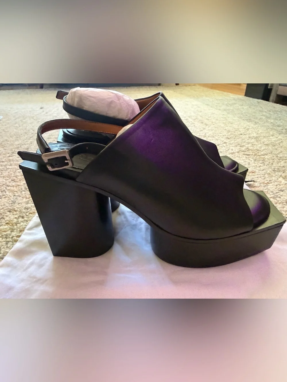 Robert Clergerie Black Leather Square Toe Platform Slingback Sandals